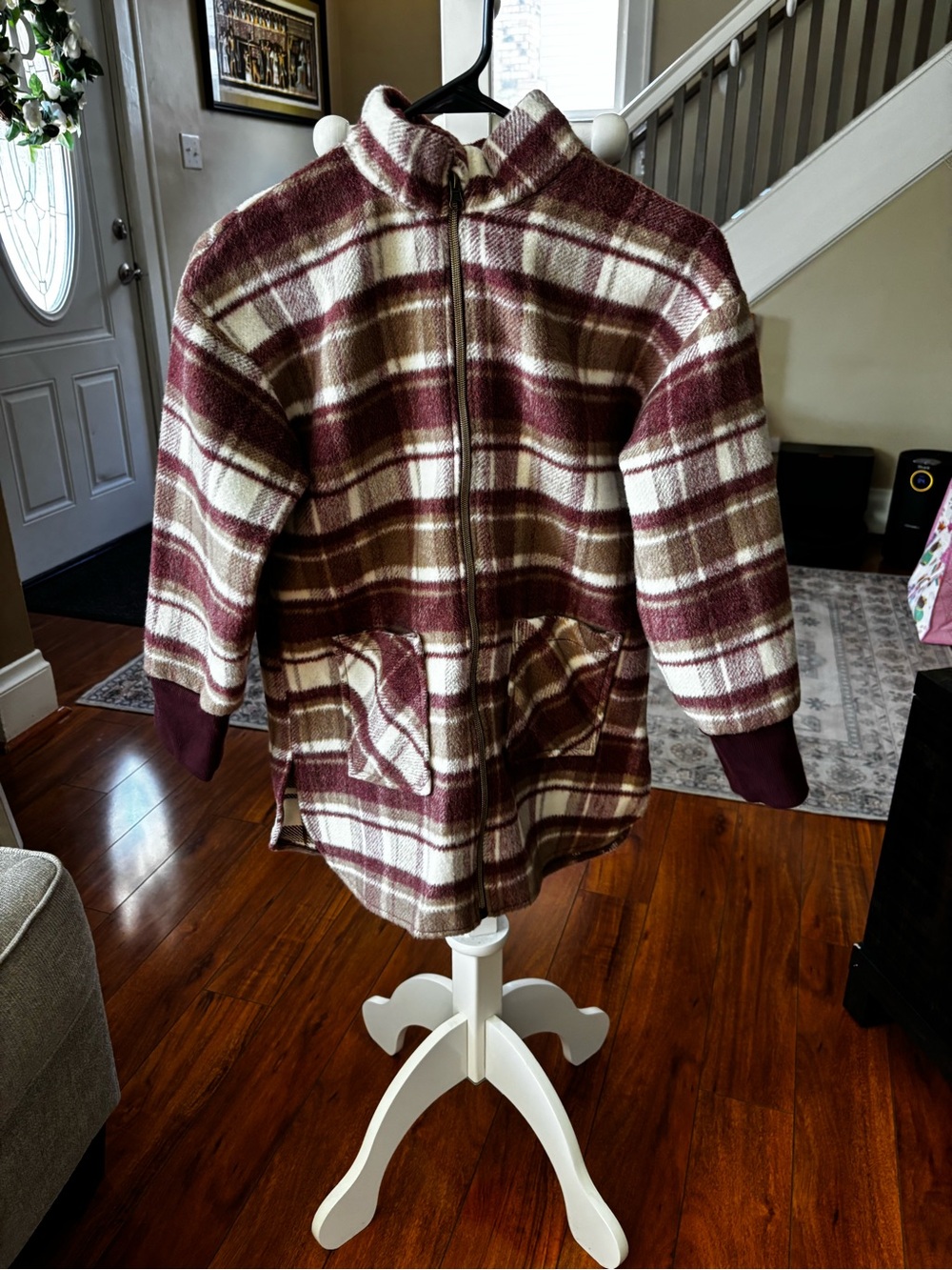 Juniors Plaid Zip-Up Jacket - Burgundy & Cream